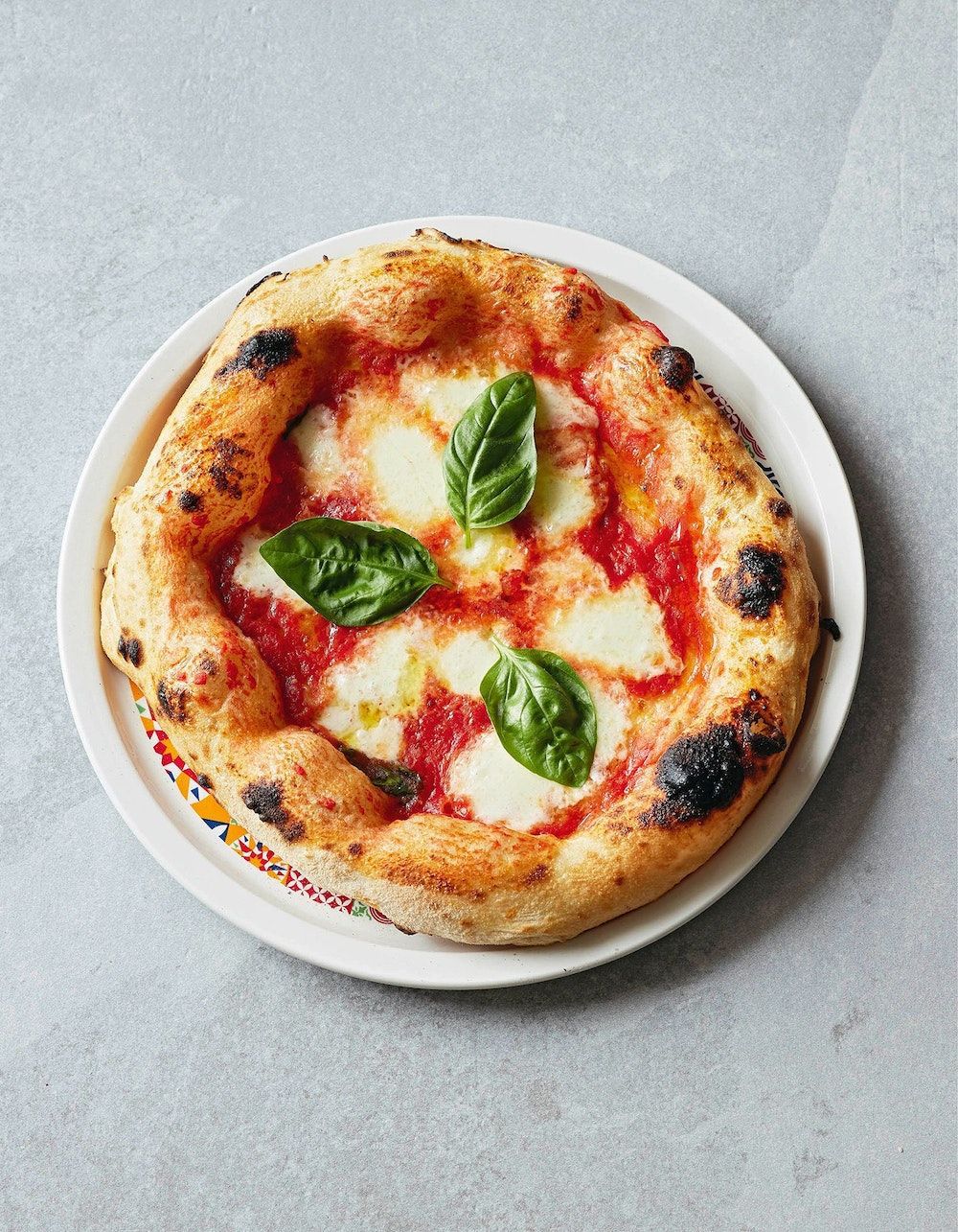 Freshly baked pizza with tomato and basil